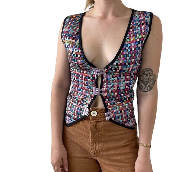 Vintage Womens Rainbow Lattice Checkered V Neck Waistcoat Vest Sz M Petite - Picture 4 of 10